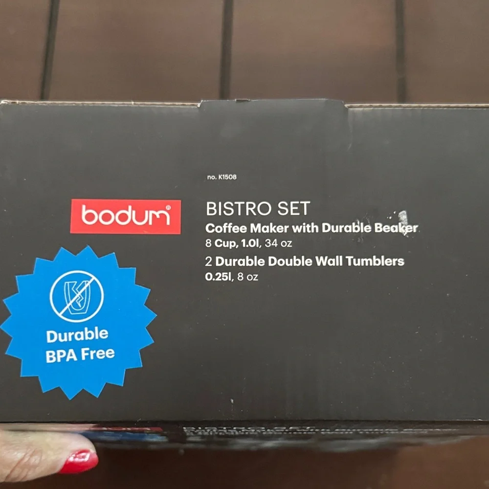 New in Box Bodum Bistro Set with Black Coffee Maker and Tumblers